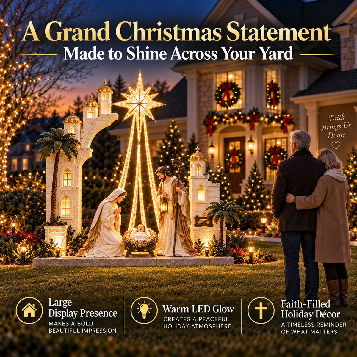 Large Christmas nativity scene depicted on a decorated residential front lawn with viewers