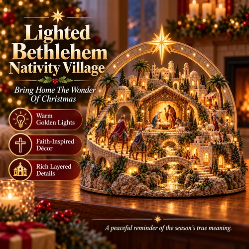 🌟 Lighted Bethlehem Nativity Village – Star Arch Christmas Tabletop Decor 🎄