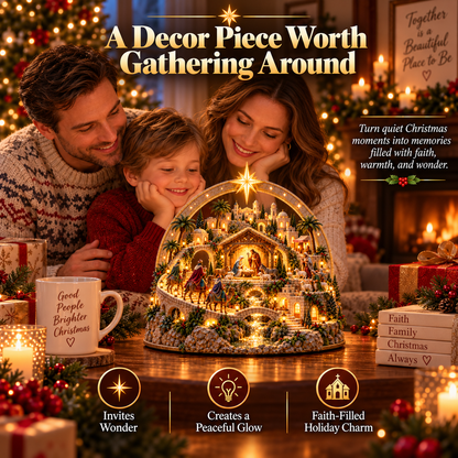 🌟 Lighted Bethlehem Nativity Village – Star Arch Christmas Tabletop Decor 🎄