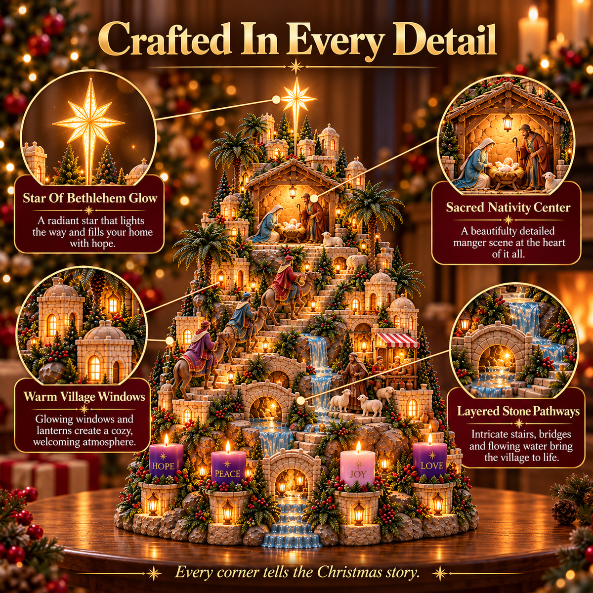 🎄⭐ Bethlehem's Christmas Journey™ – Lighted Nativity Advent Village with 4 Candles | Hope, Peace, Joy & Love