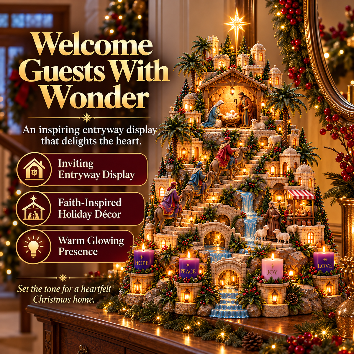 🎄⭐ Bethlehem's Christmas Journey™ – Lighted Nativity Advent Village with 4 Candles | Hope, Peace, Joy & Love