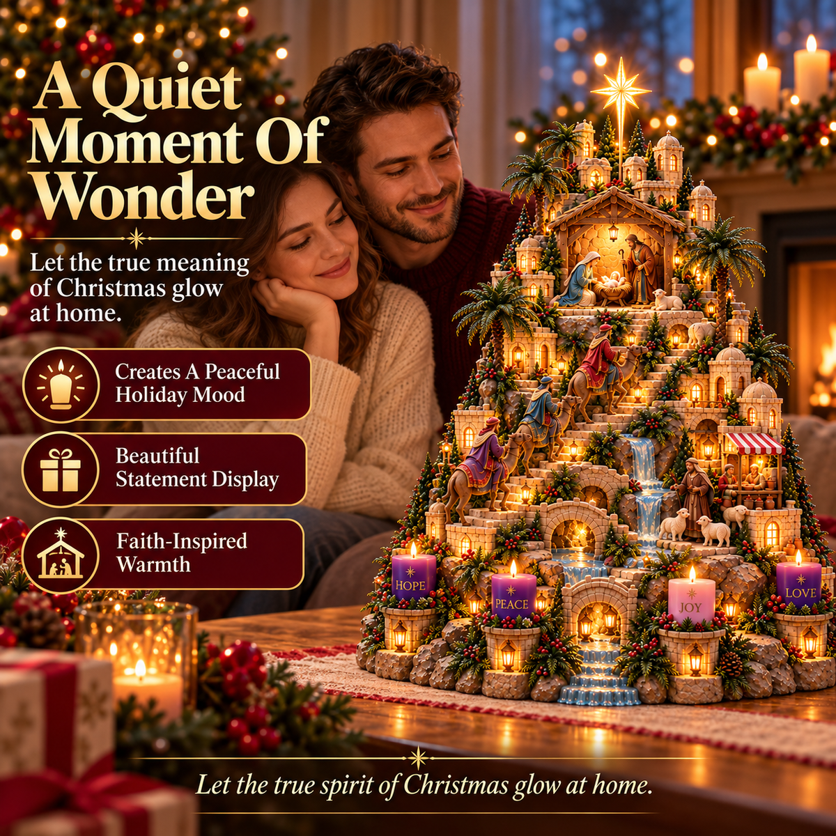🎄⭐ Bethlehem's Christmas Journey™ – Lighted Nativity Advent Village with 4 Candles | Hope, Peace, Joy & Love