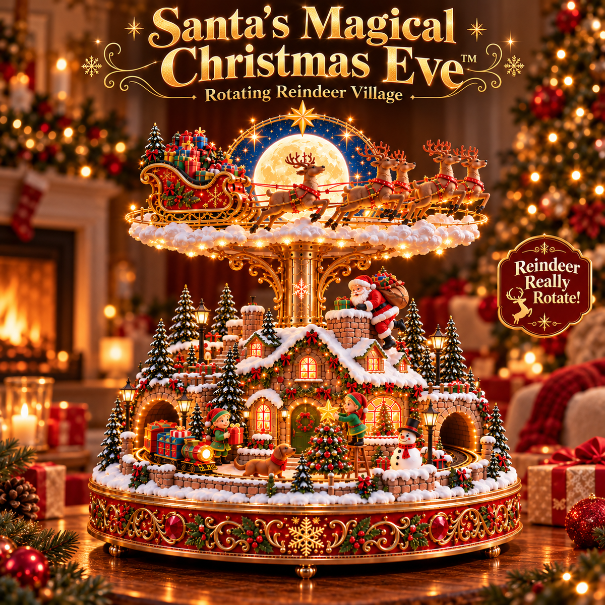 🎄🎅 Santa’s Magical Christmas Eve™ – Rotating Reindeer Sleigh & Lighted Christmas Village