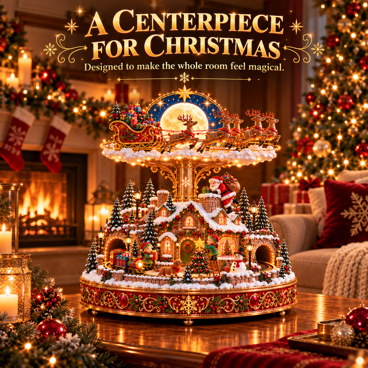 🎄🎅 Santa’s Magical Christmas Eve™ – Rotating Reindeer Sleigh & Lighted Christmas Village