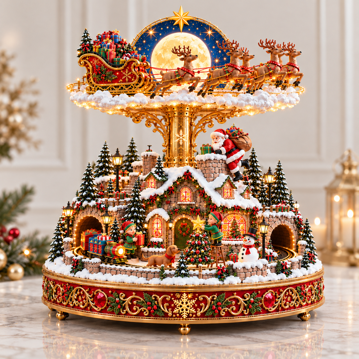🎄🎅 Santa’s Magical Christmas Eve™ – Rotating Reindeer Sleigh & Lighted Christmas Village