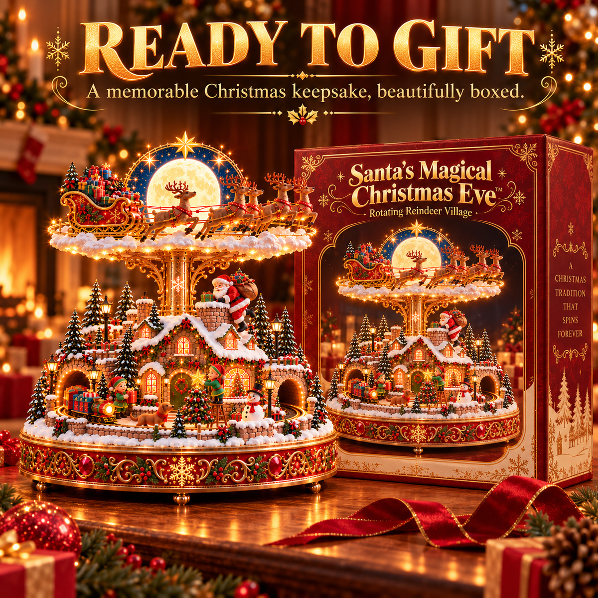 🎄🎅 Santa’s Magical Christmas Eve™ – Rotating Reindeer Sleigh & Lighted Christmas Village