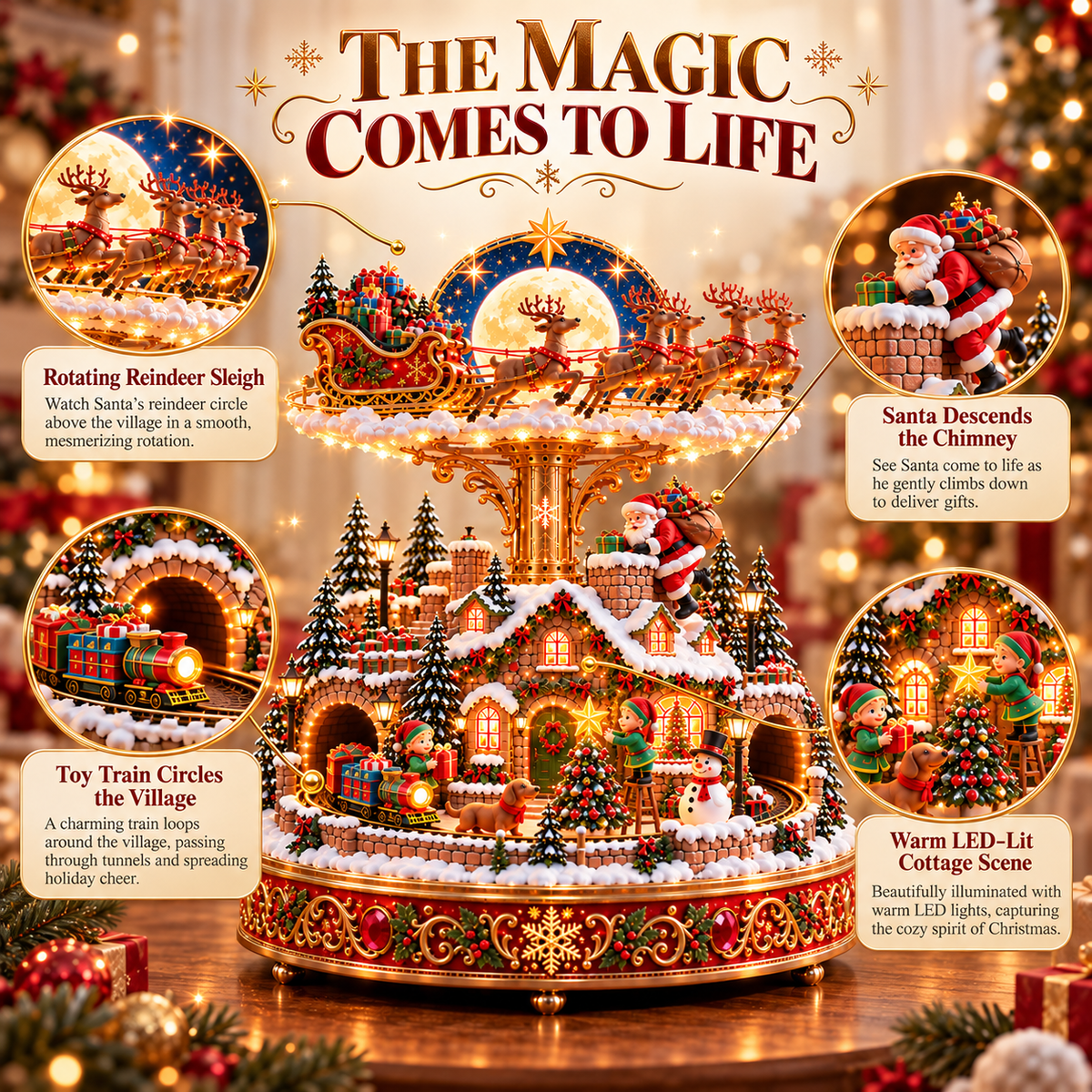 🎄🎅 Santa’s Magical Christmas Eve™ – Rotating Reindeer Sleigh & Lighted Christmas Village
