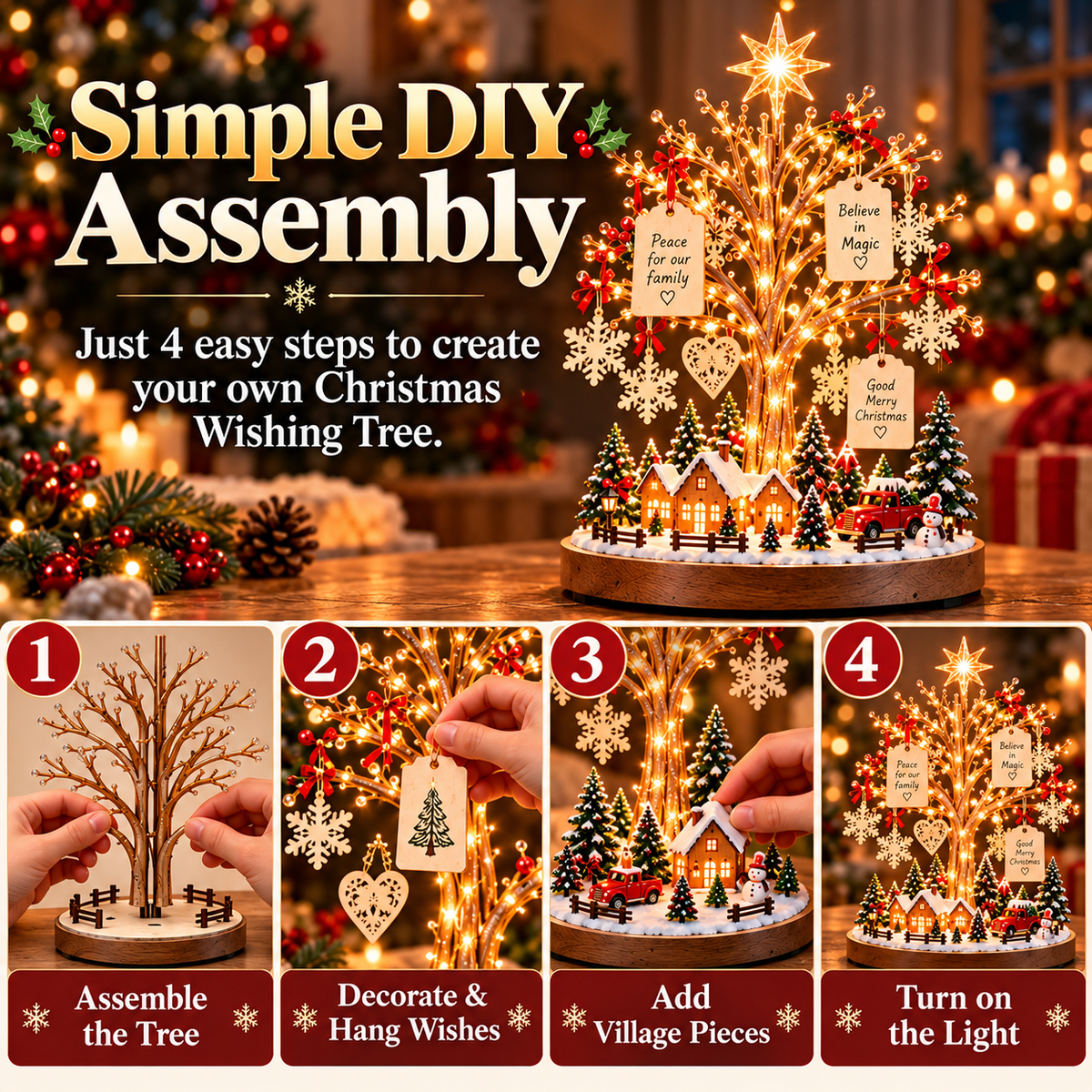 🎄✨ Christmas Wishing Tree™ – DIY Lighted Christmas Village Kit with Family Wish Tags