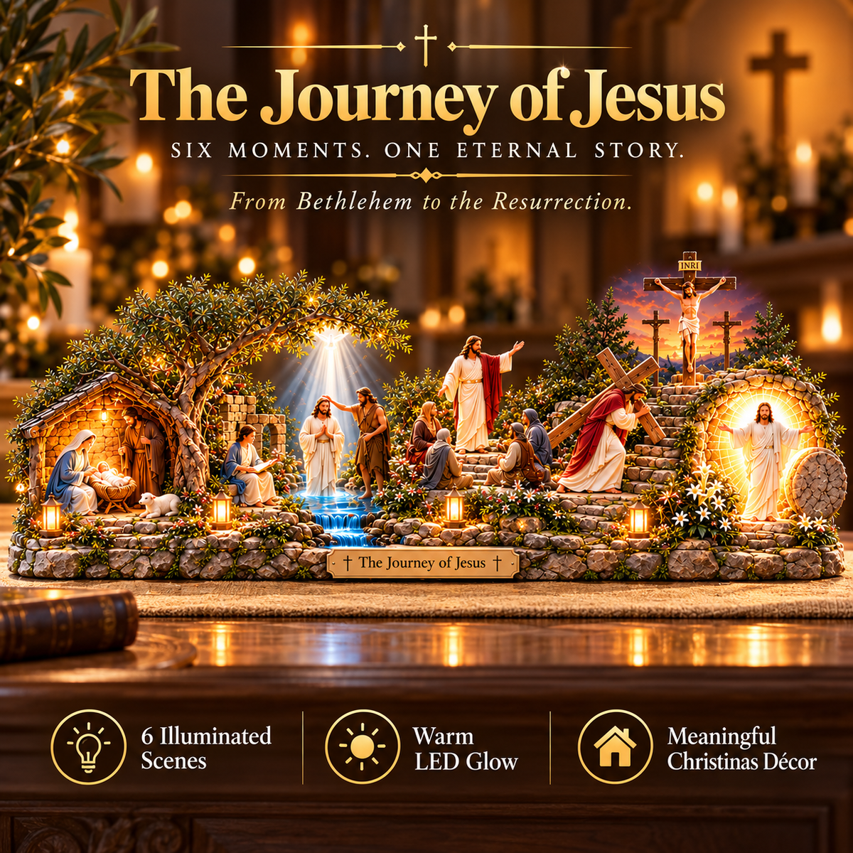 ✝️✨ The Journey of Jesus™ – Lighted 3D Biblical Story Centerpiece | Six Sacred Moments of Faith