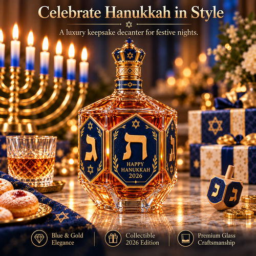 ✡️ Hanukkah Heritage™ 2026 – Royal Blue & Gold Decanter Bottle | Dreidel-Inspired Holiday Keepsake