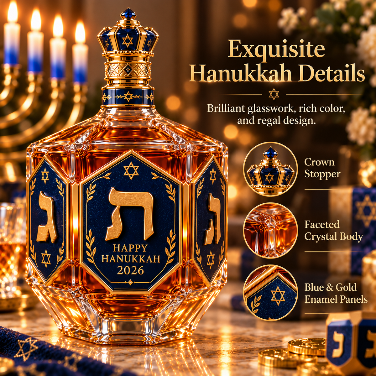 ✡️ Hanukkah Heritage™ 2026 – Royal Blue & Gold Decanter Bottle | Dreidel-Inspired Holiday Keepsake