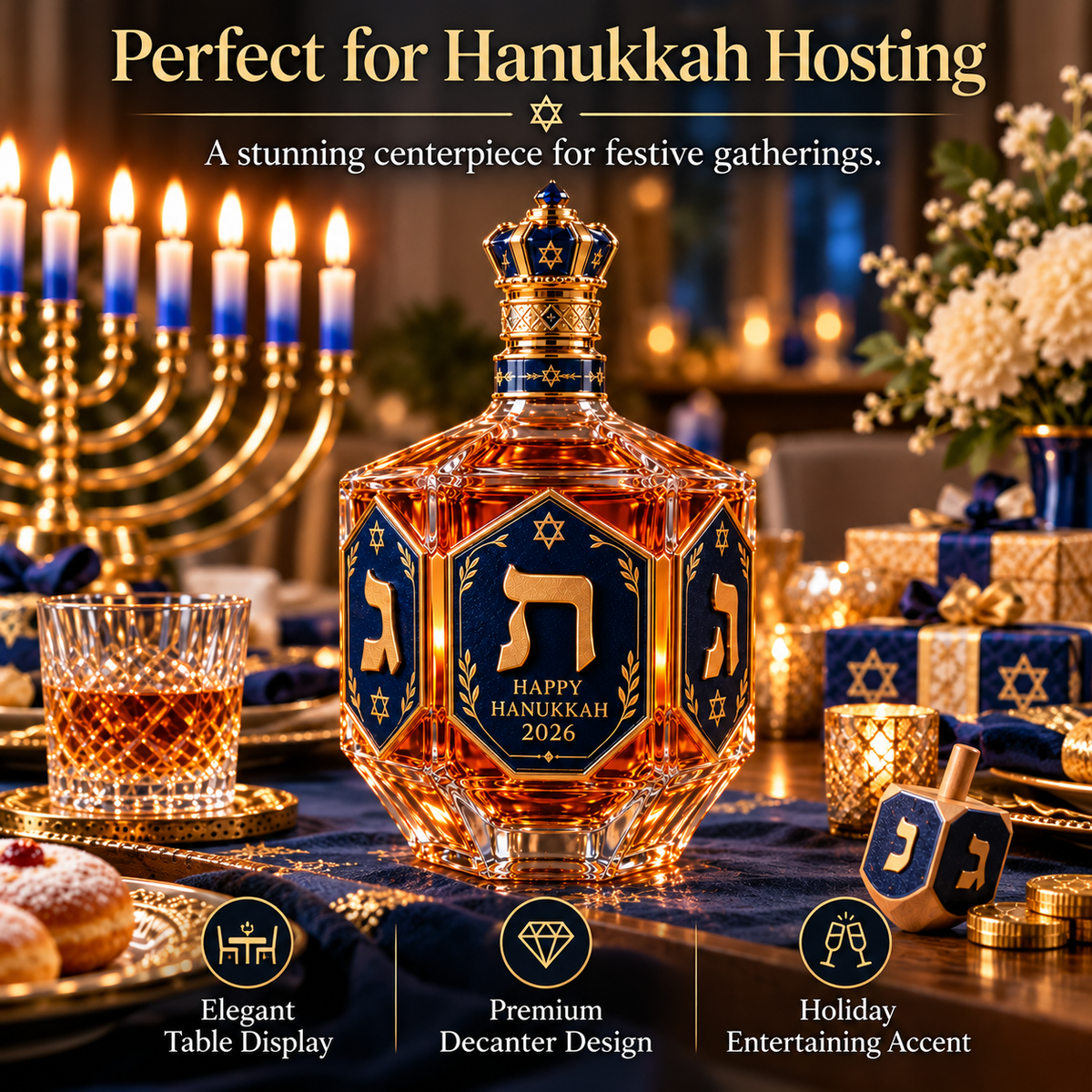✡️ Hanukkah Heritage™ 2026 – Royal Blue & Gold Decanter Bottle | Dreidel-Inspired Holiday Keepsake
