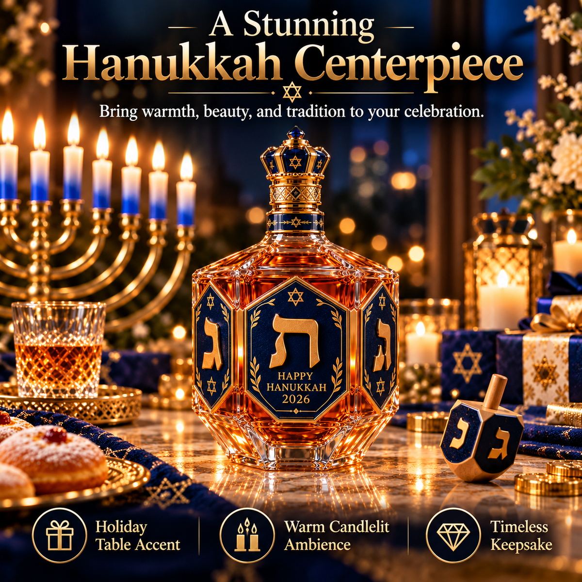 ✡️ Hanukkah Heritage™ 2026 – Royal Blue & Gold Decanter Bottle | Dreidel-Inspired Holiday Keepsake