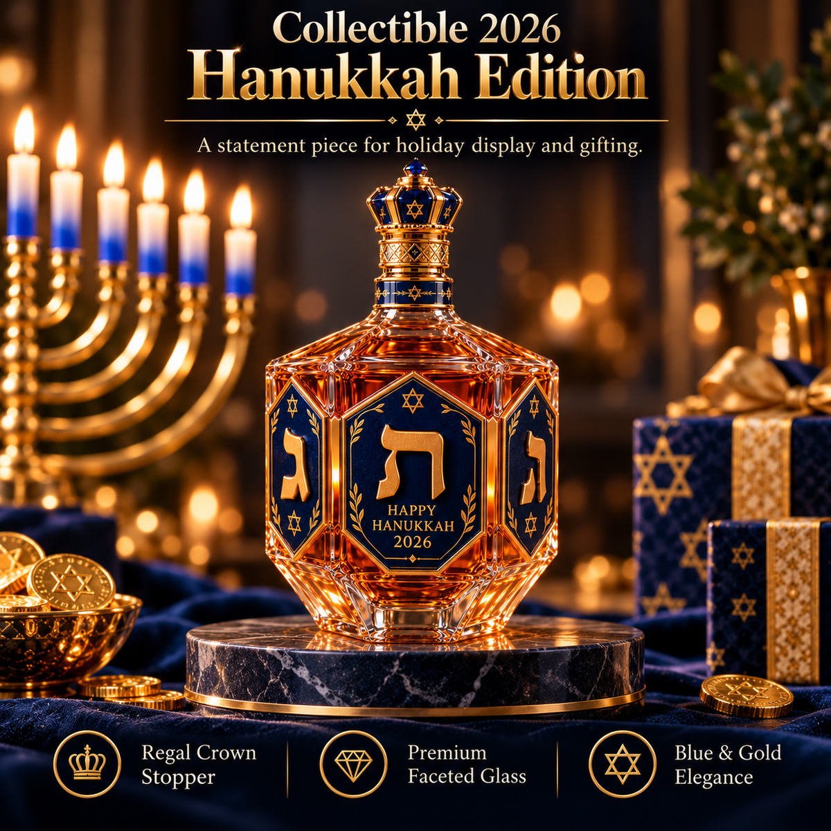 ✡️ Hanukkah Heritage™ 2026 – Royal Blue & Gold Decanter Bottle | Dreidel-Inspired Holiday Keepsake