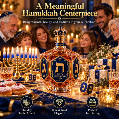 ✡️ Hanukkah Heritage™ 2026 – Royal Blue & Gold Decanter Bottle | Dreidel-Inspired Holiday Keepsake