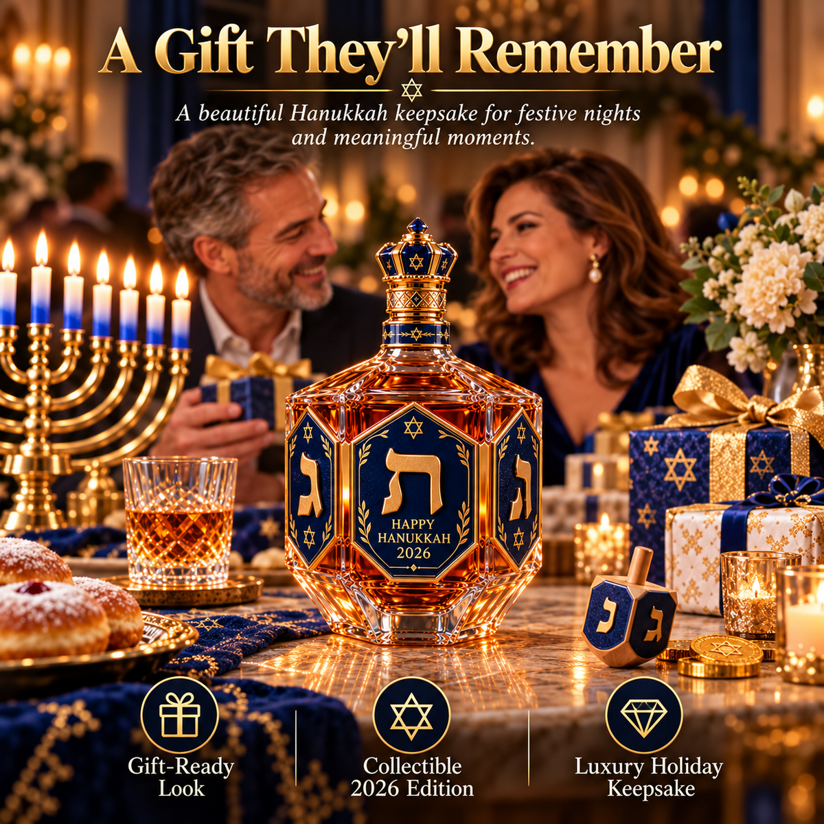 ✡️ Hanukkah Heritage™ 2026 – Royal Blue & Gold Decanter Bottle | Dreidel-Inspired Holiday Keepsake