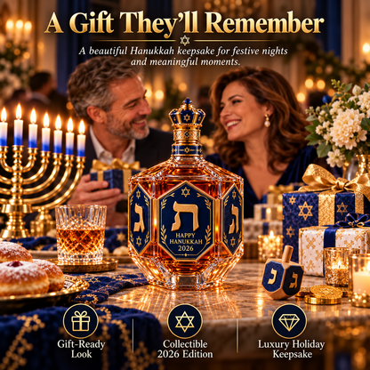 ✡️ Hanukkah Heritage™ 2026 – Royal Blue & Gold Decanter Bottle | Dreidel-Inspired Holiday Keepsake