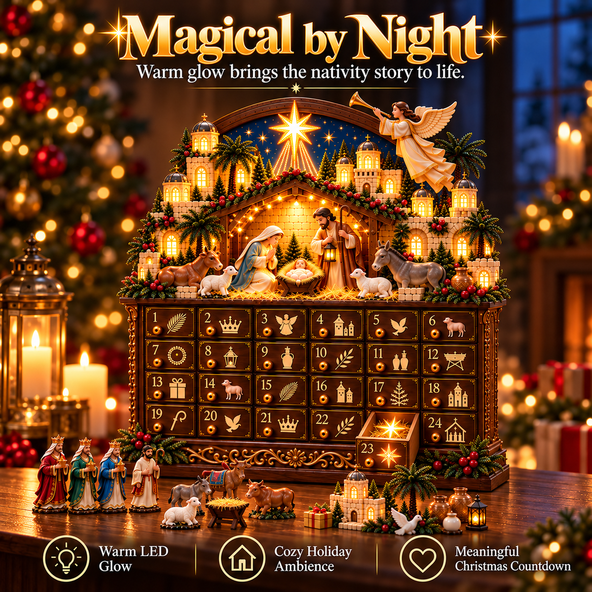 ✝️🎄 24 Days to Bethlehem™ – Lighted Nativity Advent Calendar | Build the Christmas Story, One Day at a Time