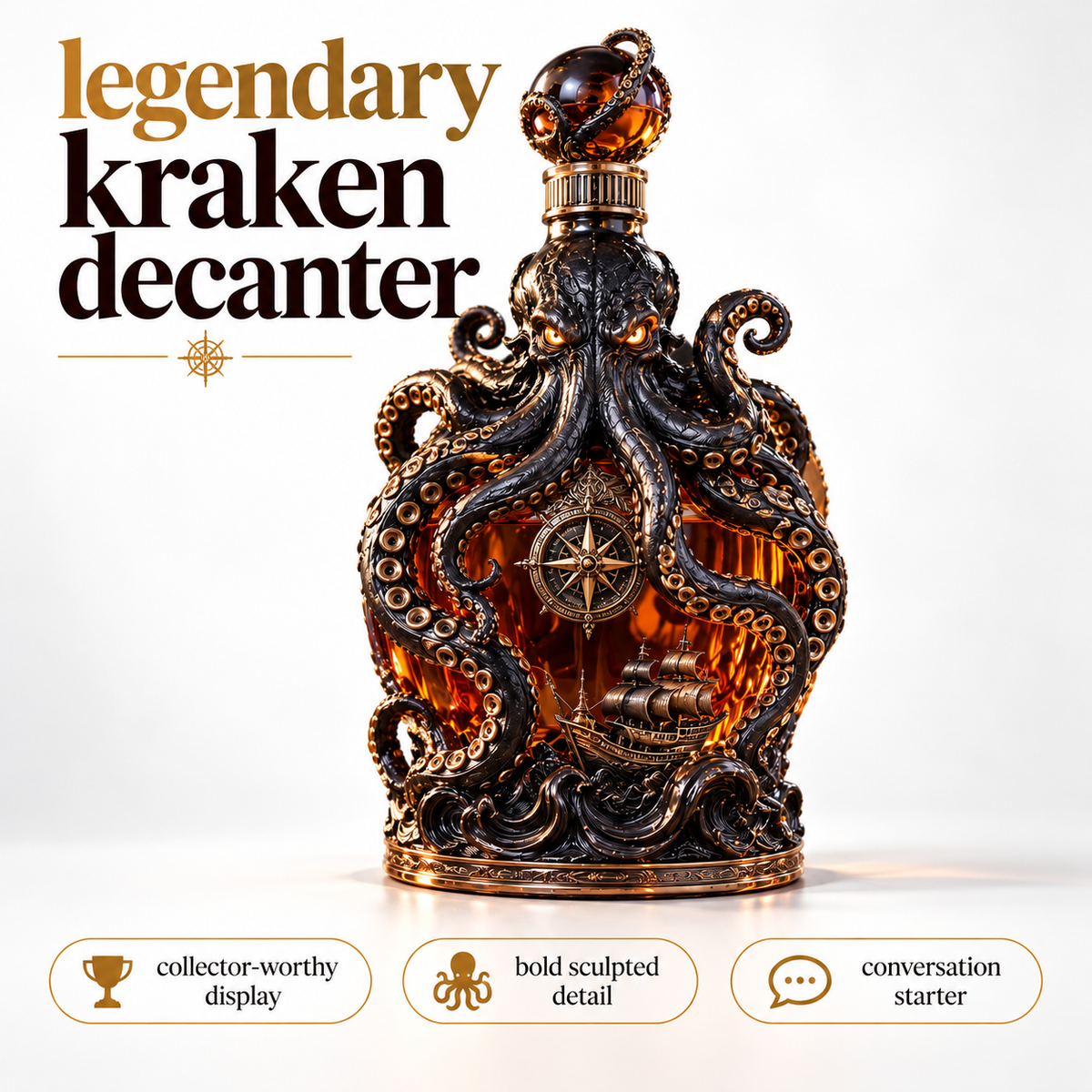 🐙 Kraken Voyage™ – Sculpted Octopus Whiskey Decanter | Gothic Nautical Bar Showpiece