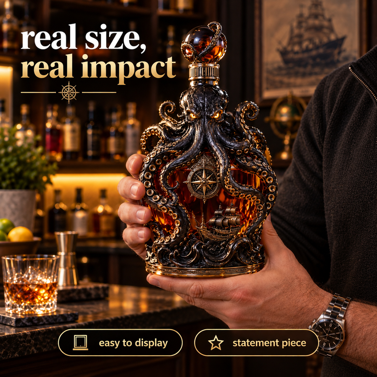 🐙 Kraken Voyage™ – Sculpted Octopus Whiskey Decanter | Gothic Nautical Bar Showpiece
