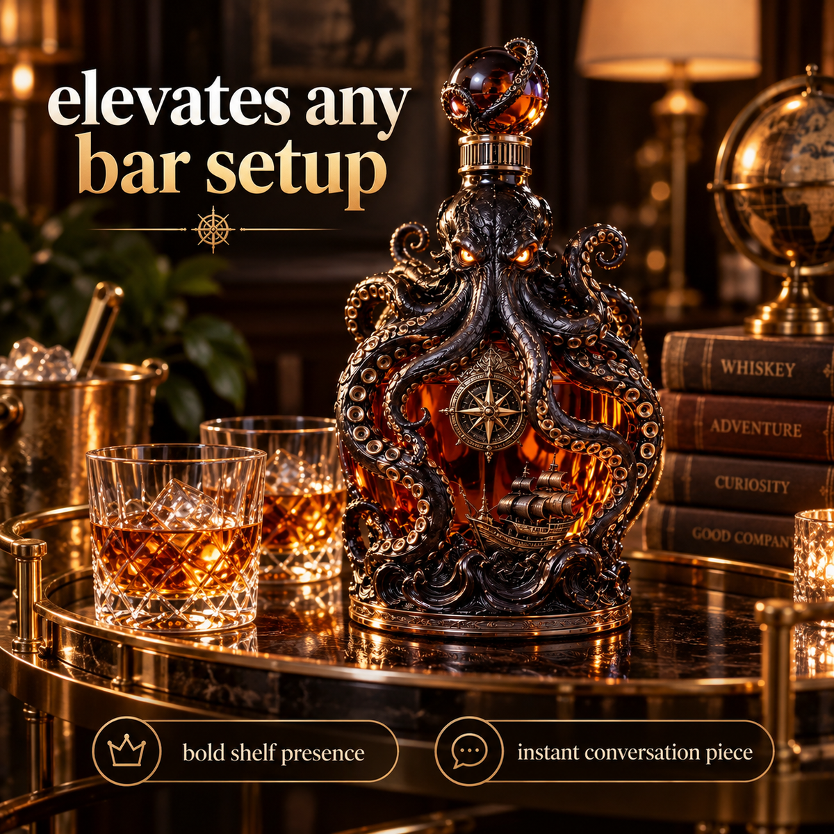 🐙 Kraken Voyage™ – Sculpted Octopus Whiskey Decanter | Gothic Nautical Bar Showpiece
