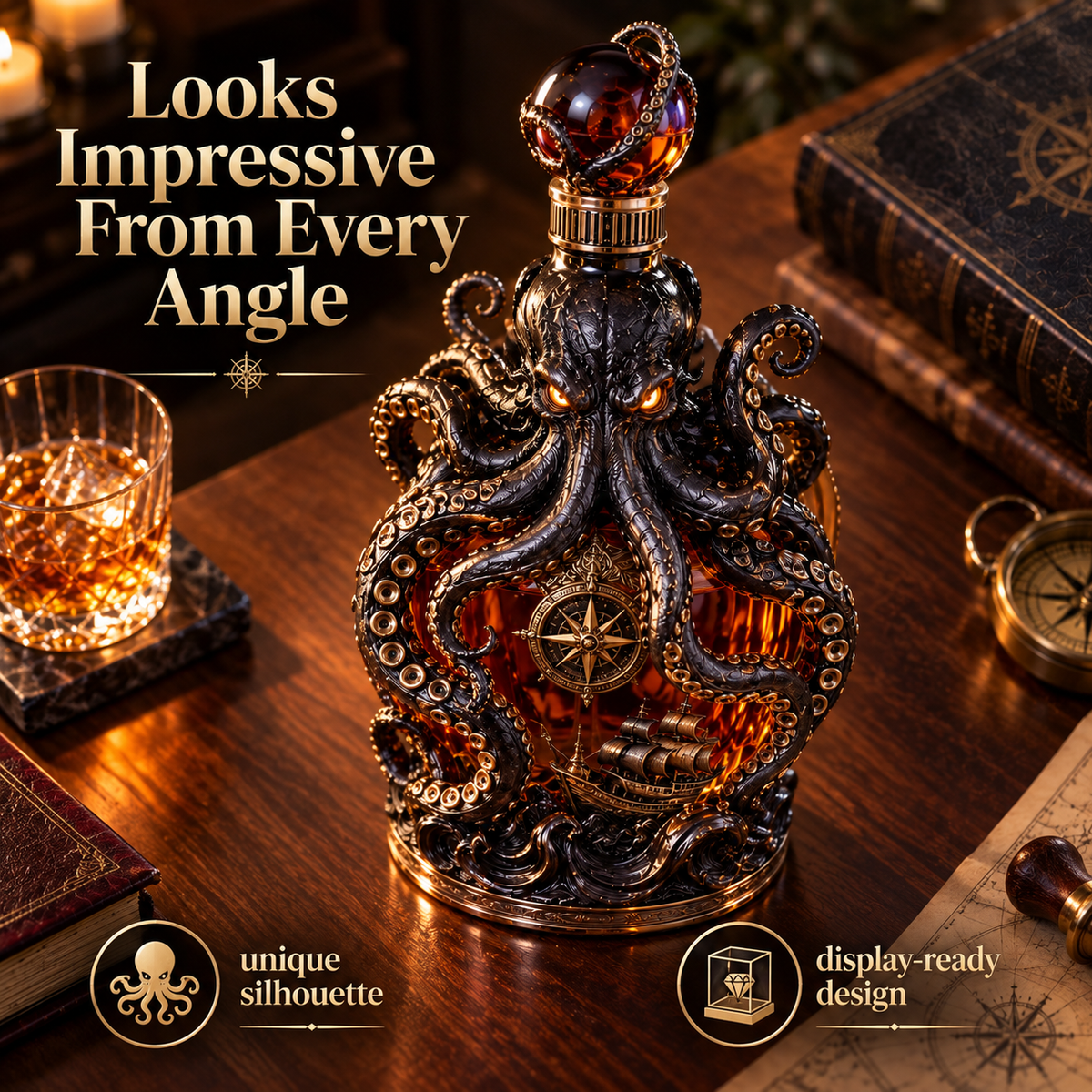 🐙 Kraken Voyage™ – Sculpted Octopus Whiskey Decanter | Gothic Nautical Bar Showpiece
