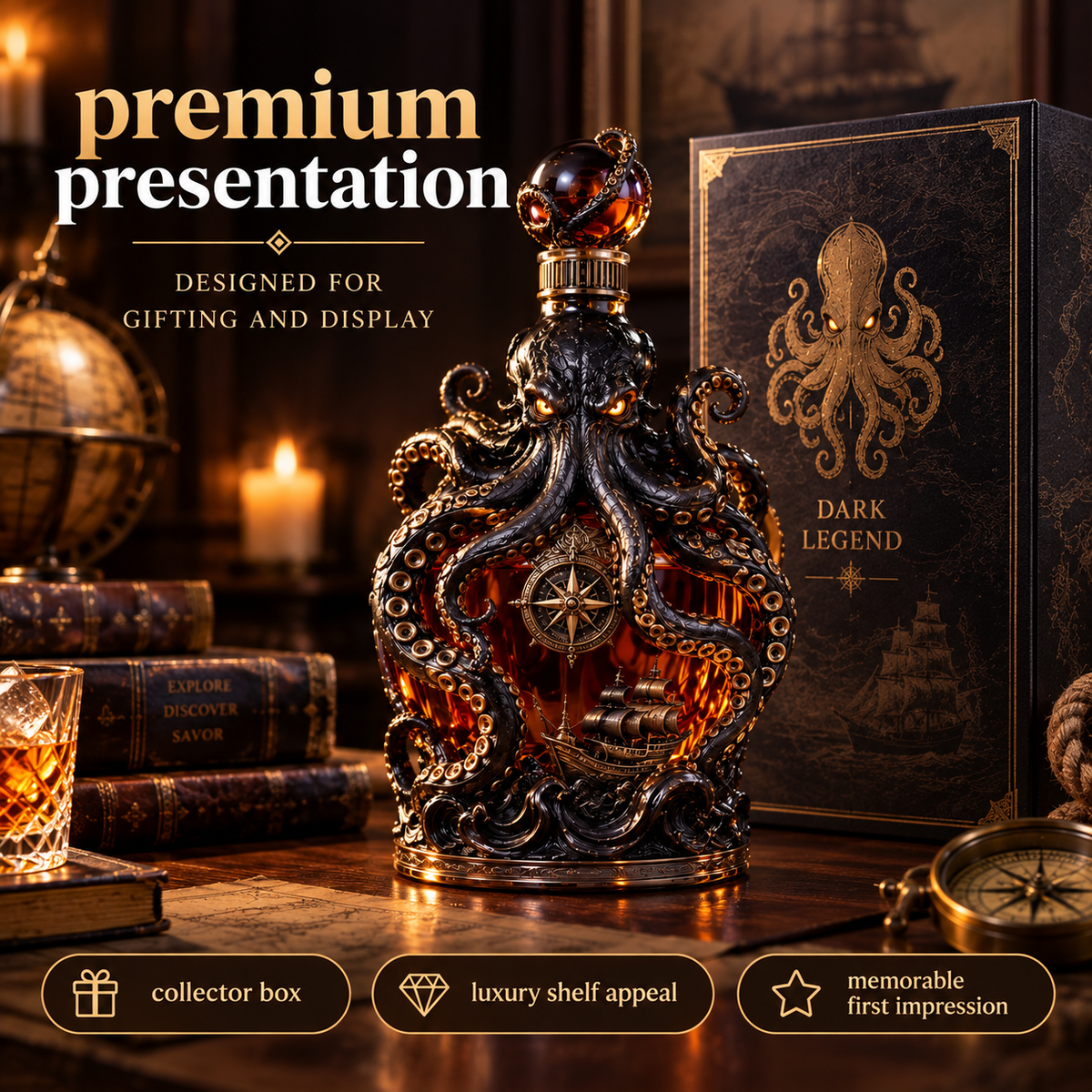 🐙 Kraken Voyage™ – Sculpted Octopus Whiskey Decanter | Gothic Nautical Bar Showpiece