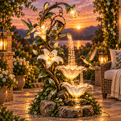 🌸✨ Hummingbird Lily Cascade™ – Illuminated Floral Waterfall Garden Fountain