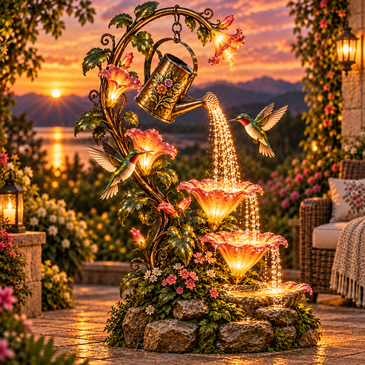 🌸✨ Hummingbird Lily Cascade™ – Illuminated Floral Waterfall Garden Fountain
