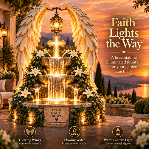 ✝️✨ Heaven's Grace™ – Illuminated Angel Wings & Cross Garden Fountain