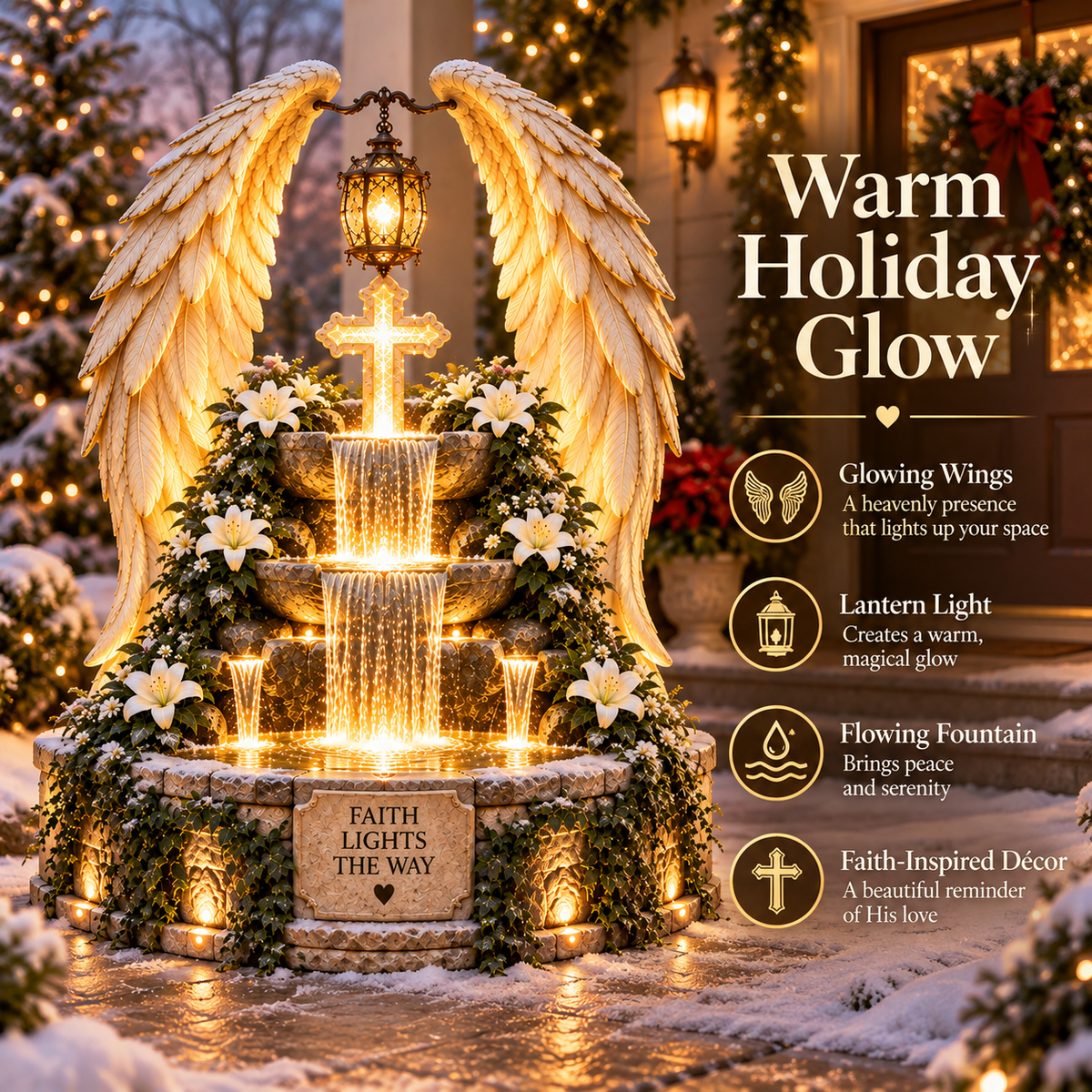 ✝️✨ Heaven's Grace™ – Illuminated Angel Wings & Cross Garden Fountain