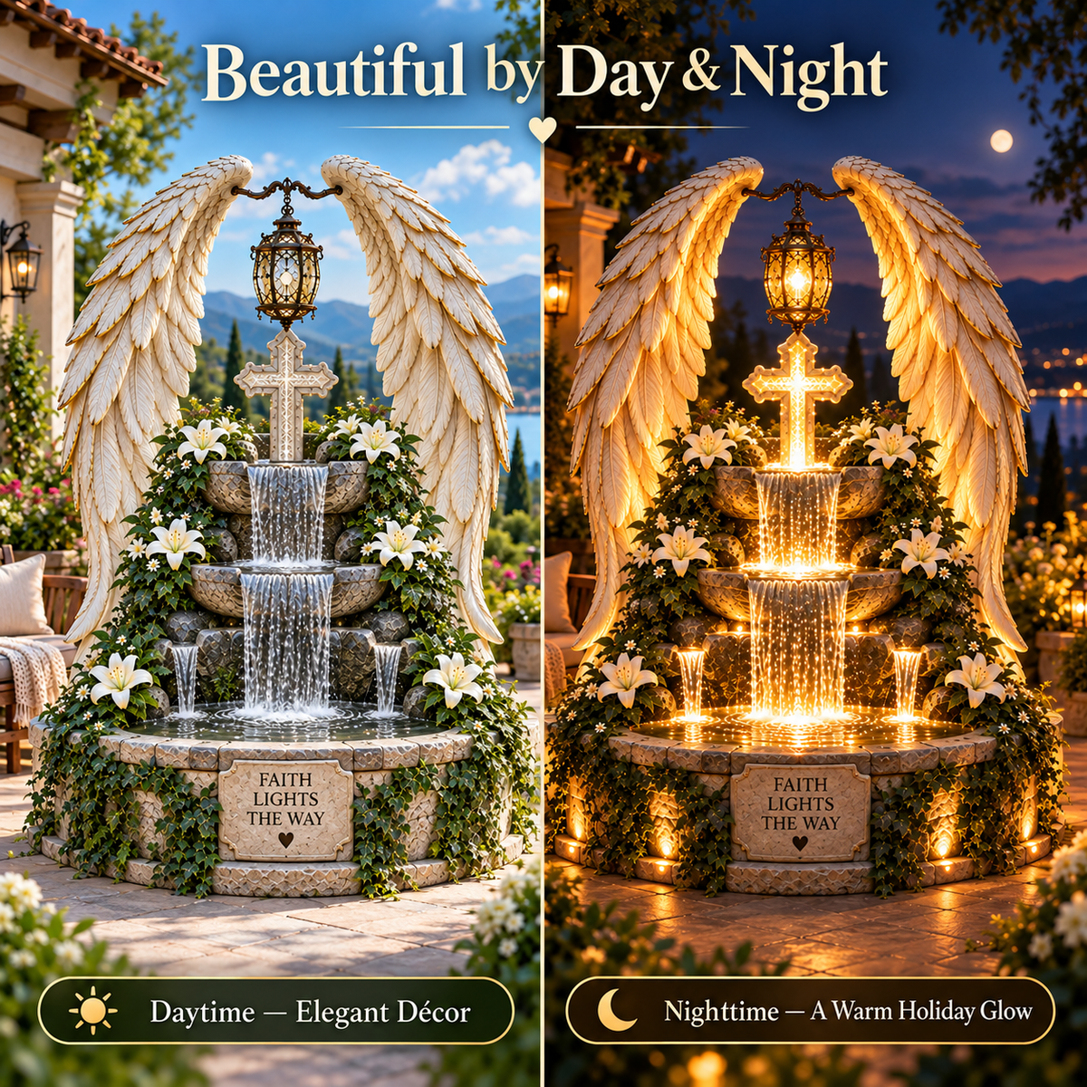 ✝️✨ Heaven's Grace™ – Illuminated Angel Wings & Cross Garden Fountain