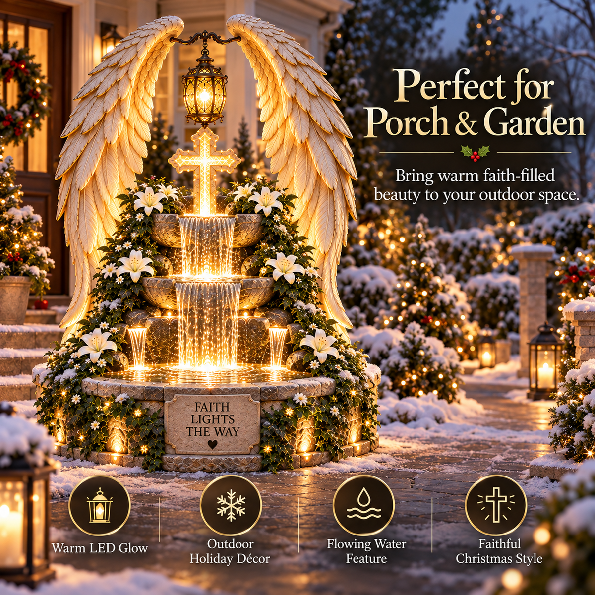 ✝️✨ Heaven's Grace™ – Illuminated Angel Wings & Cross Garden Fountain