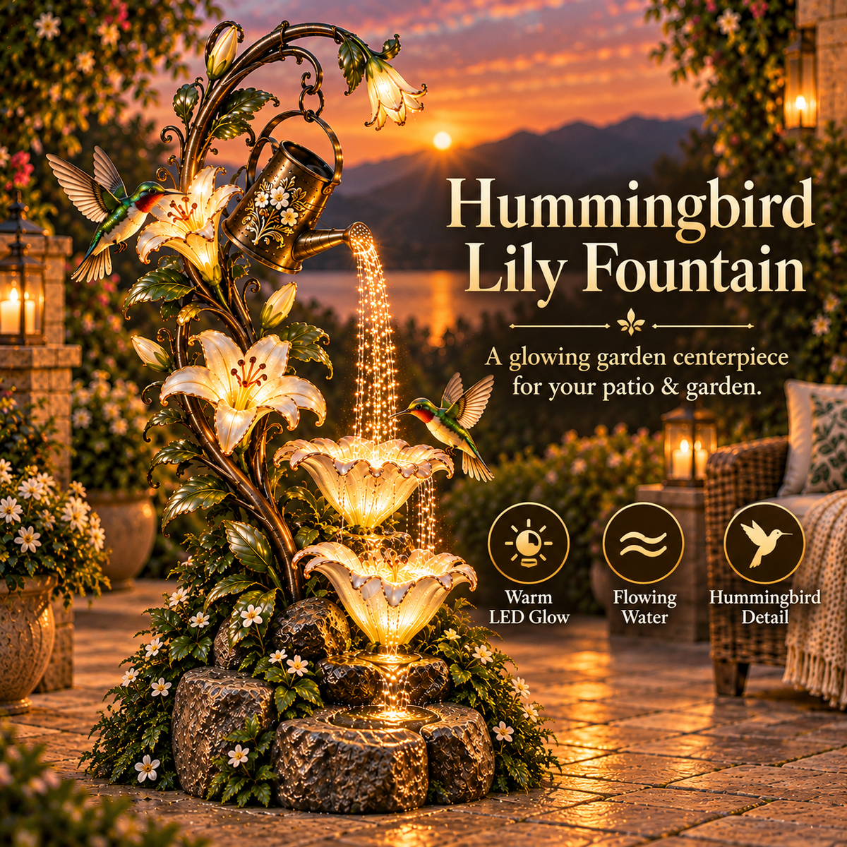 🌸✨ Hummingbird Lily Cascade™ – Illuminated Floral Waterfall Garden Fountain