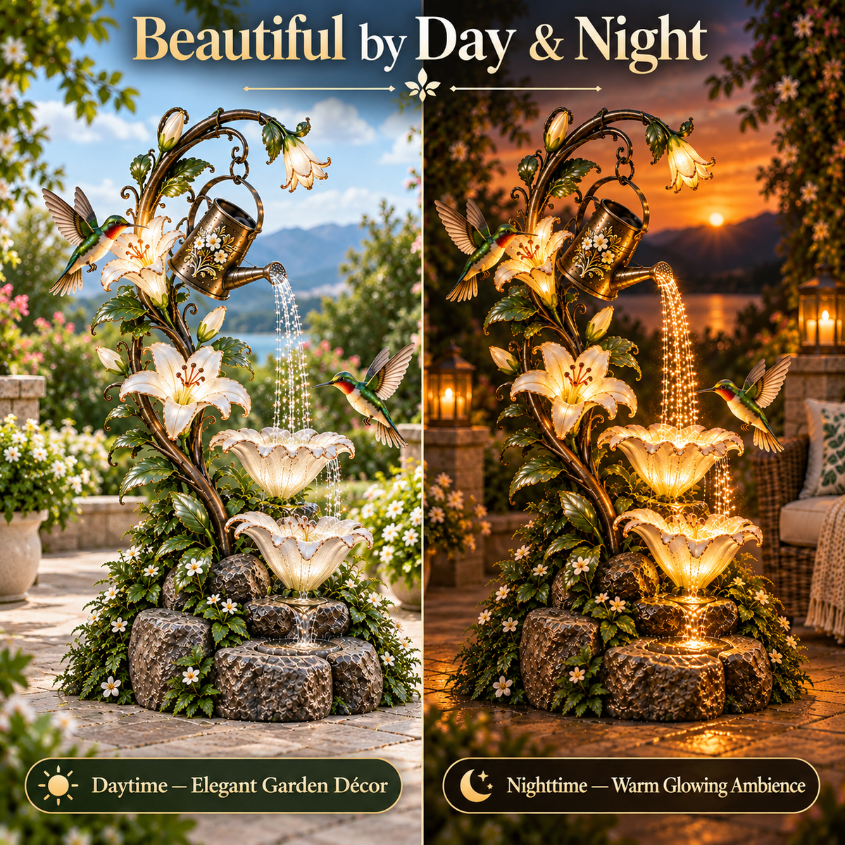🌸✨ Hummingbird Lily Cascade™ – Illuminated Floral Waterfall Garden Fountain