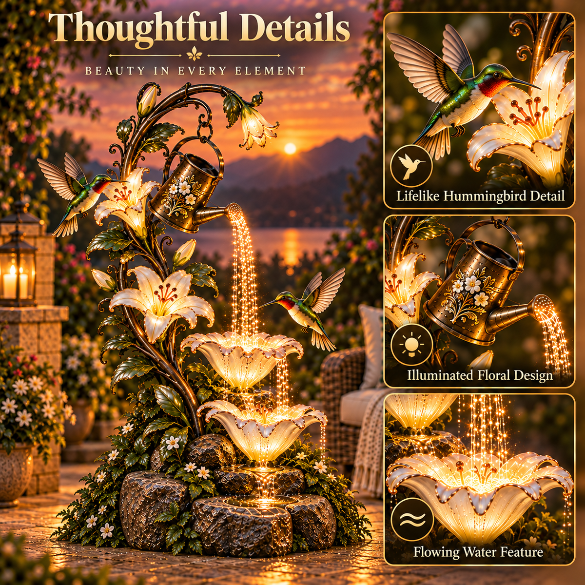 🌸✨ Hummingbird Lily Cascade™ – Illuminated Floral Waterfall Garden Fountain