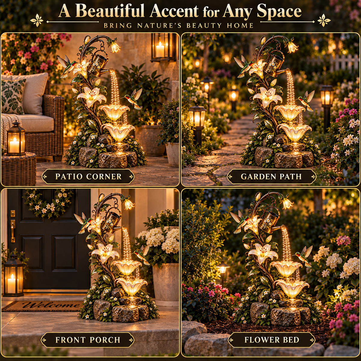 🌸✨ Hummingbird Lily Cascade™ – Illuminated Floral Waterfall Garden Fountain