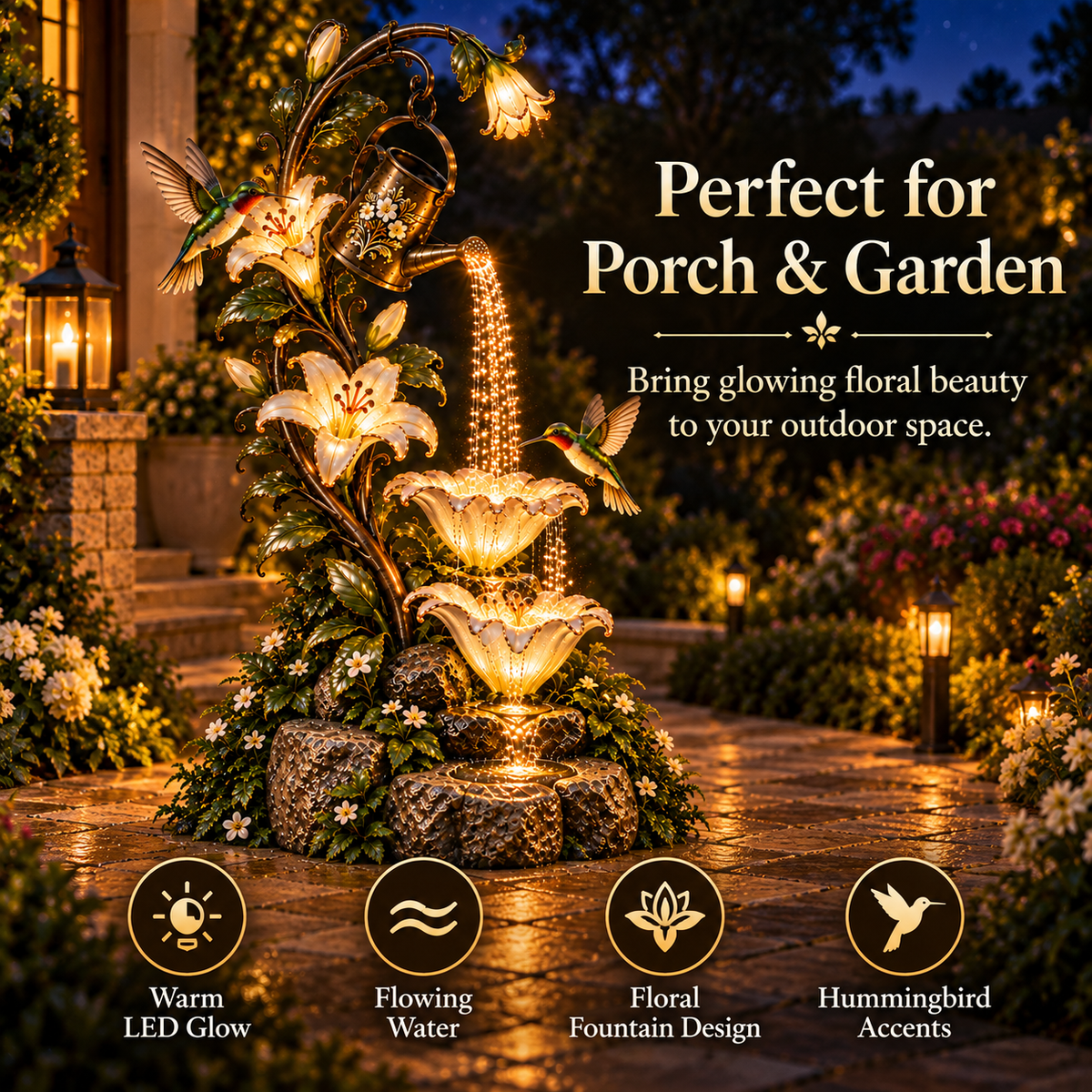 🌸✨ Hummingbird Lily Cascade™ – Illuminated Floral Waterfall Garden Fountain