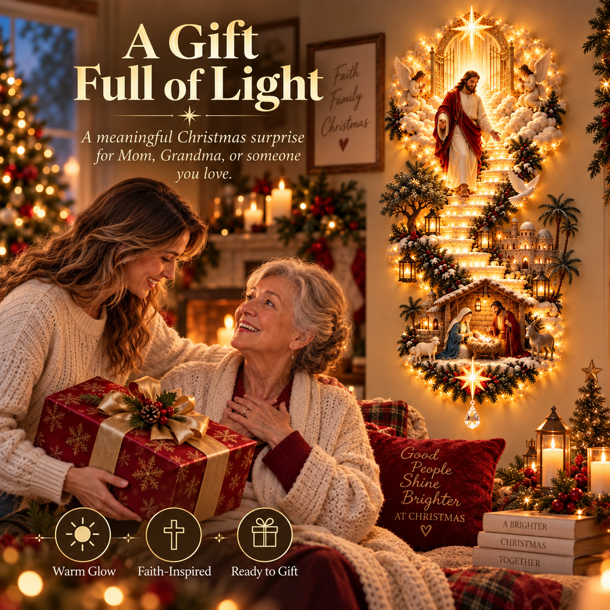 ✝️ Heaven’s Path™ – Illuminated Jesus & Nativity Stairway Christmas Wall Light