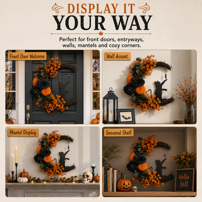 Handmade Halloween Cat Wreath🐈‍⬛🌙