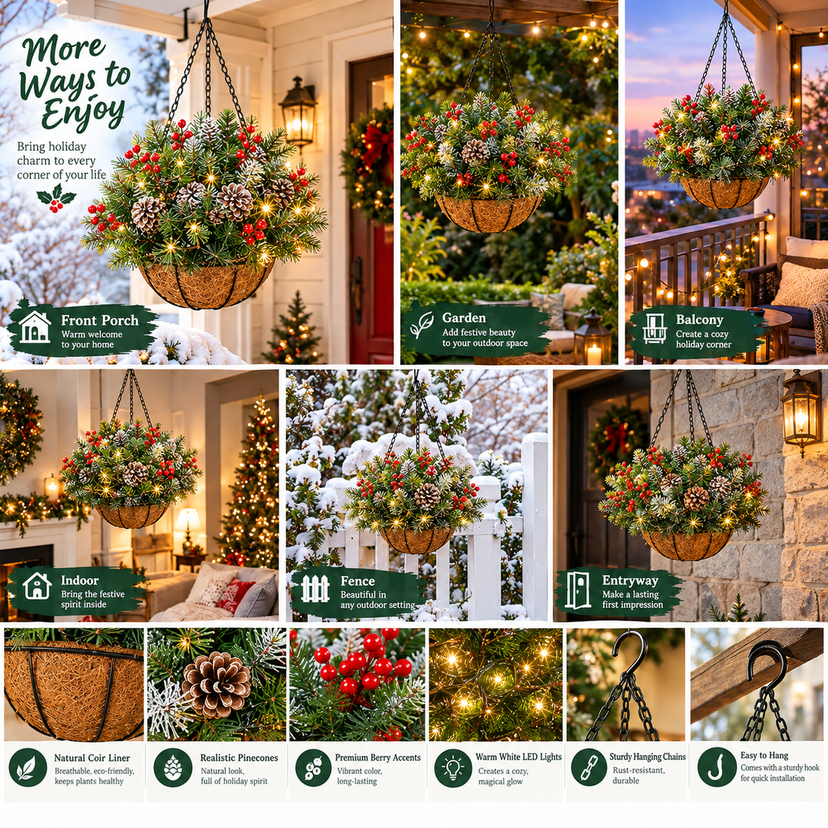 🏆 Pre-Lit Christmas Hanging Basket | Pre-lit, weather-resistant, and zero maintenance
