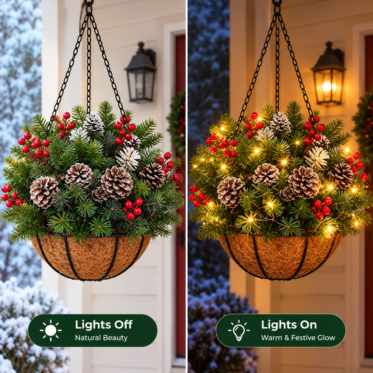 🏆 Pre-Lit Christmas Hanging Basket | Pre-lit, weather-resistant, and zero maintenance
