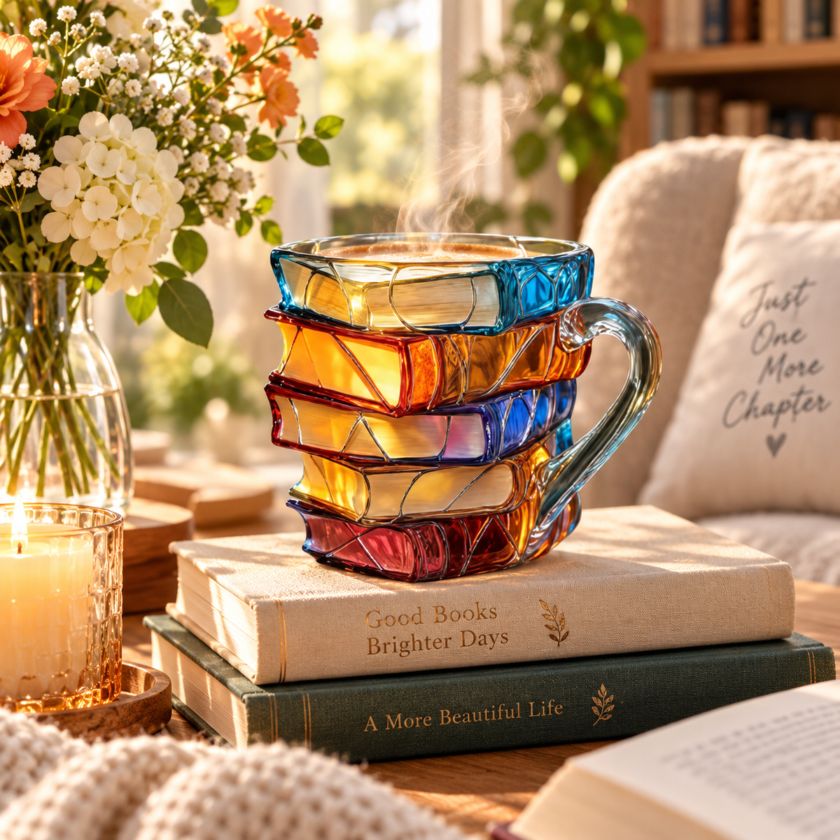 📚 StoryStack™ Book Lover Mug – Colorful Stacked-Book Coffee Cup