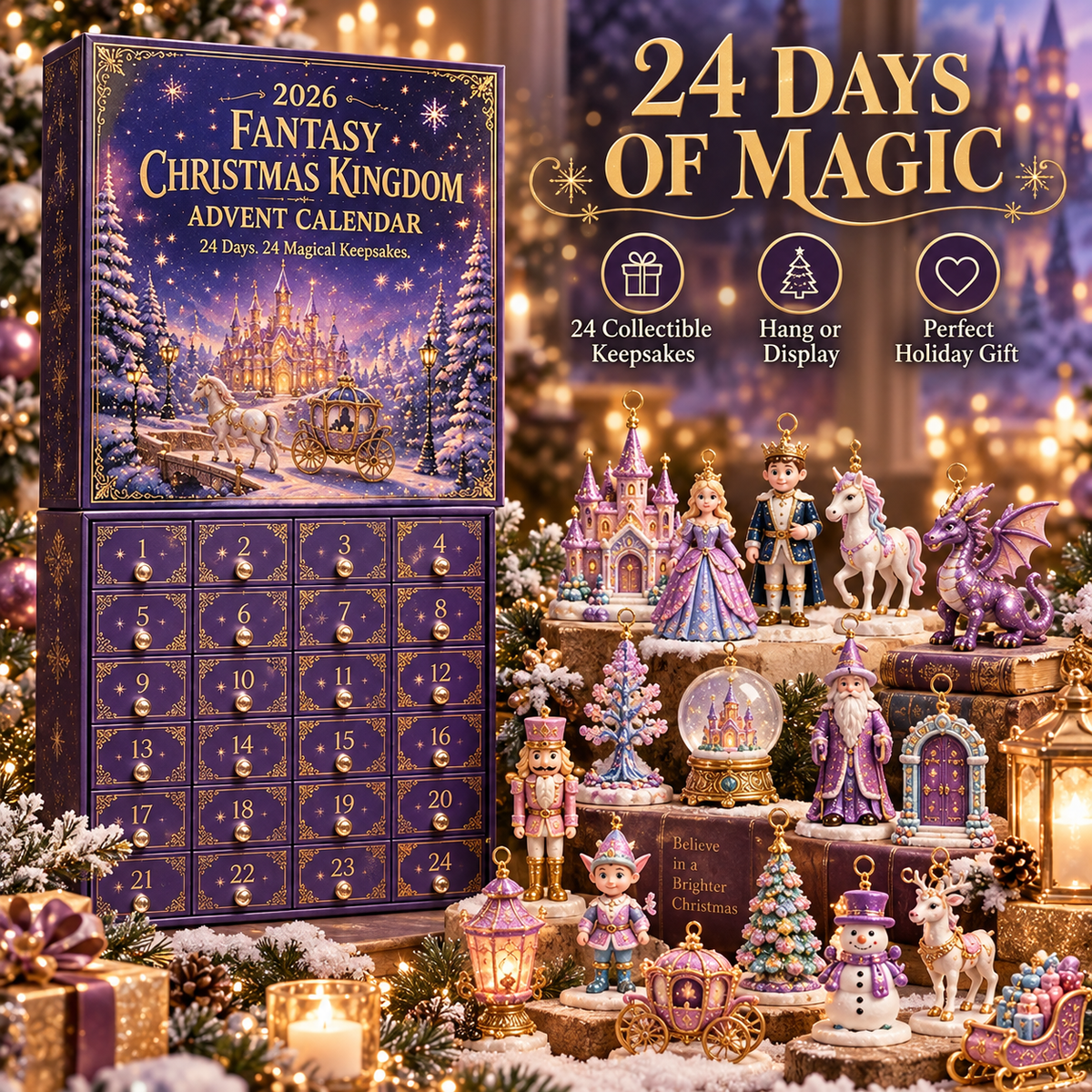 Purple Fantasy Christmas Kingdom advent calendar with 24 numbered compartments and fairytale ornaments