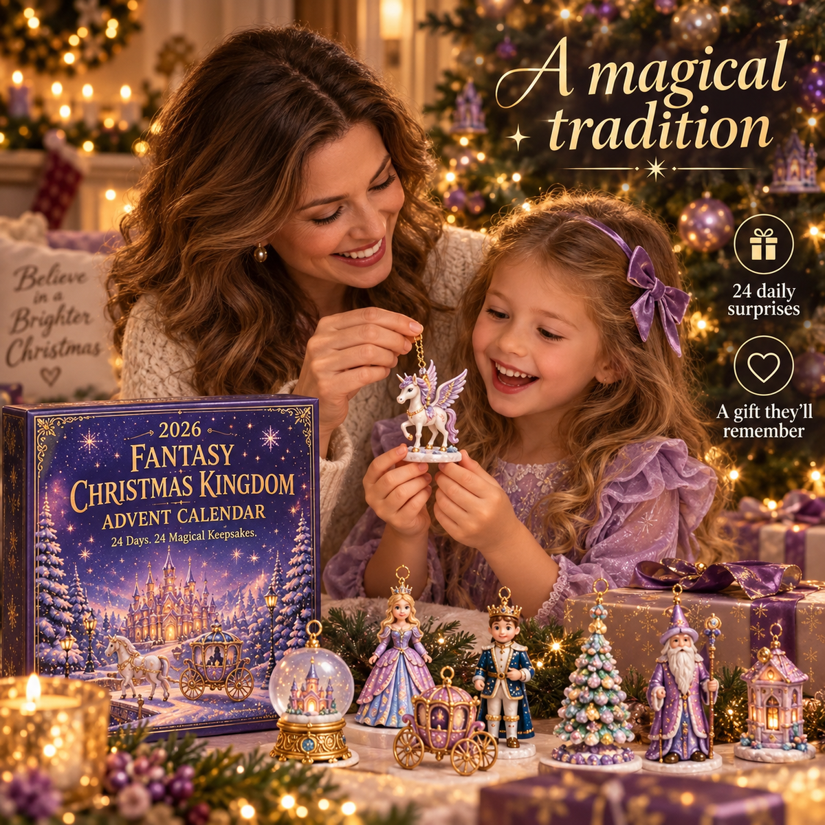 An adult and child admiring a unicorn ornament beside the purple Christmas advent calendar