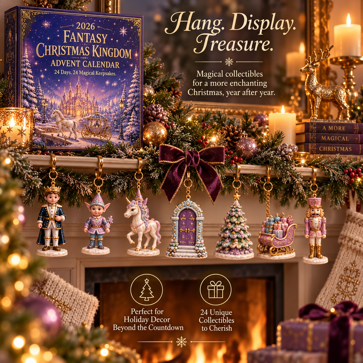 Fantasy ornaments hanging from a festive mantel garland below the purple advent calendar box