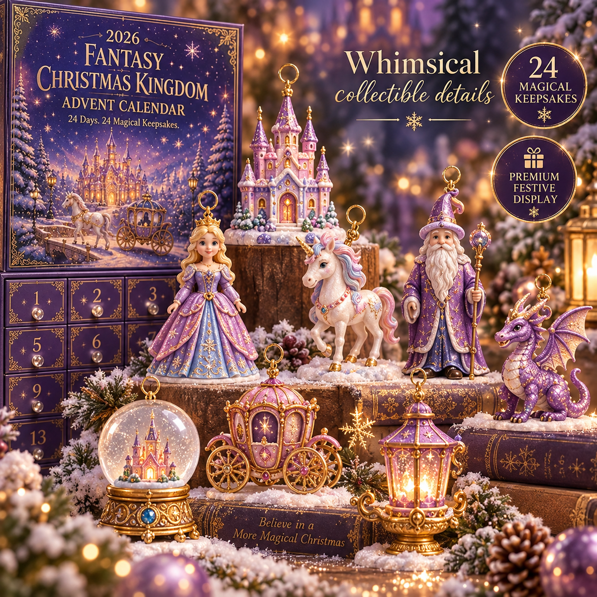 Close-up of fairytale designs including a castle, unicorn, dragon, carriage, and royal characters