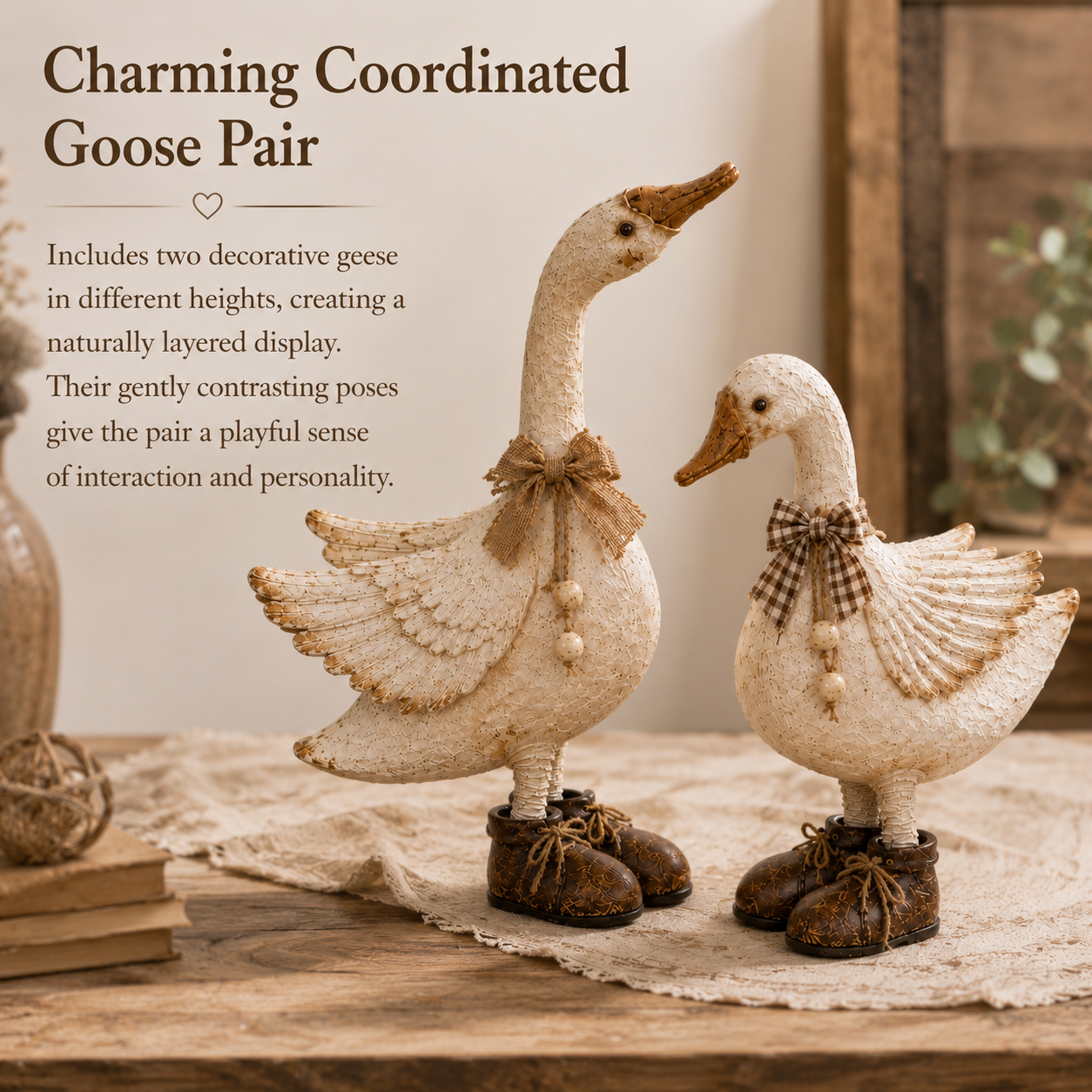 Rustic Farmhouse Goose Figurines Set of 2