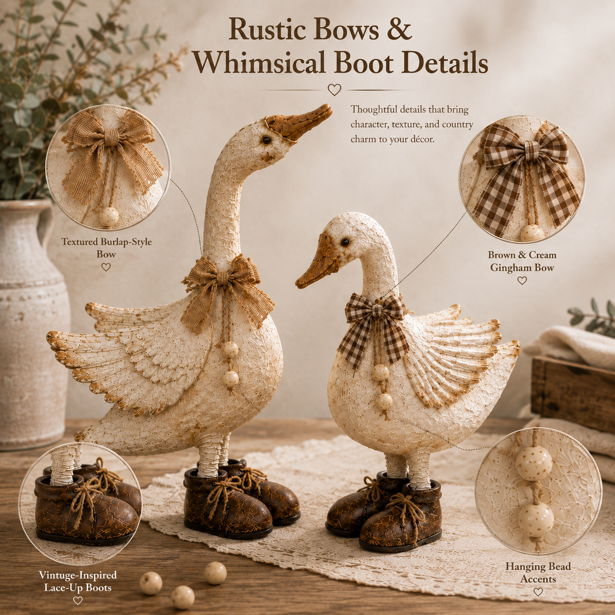 Rustic Farmhouse Goose Figurines Set of 2