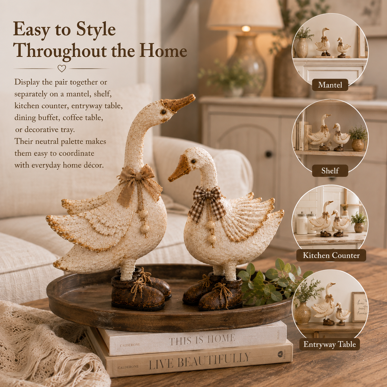 Rustic Farmhouse Goose Figurines Set of 2